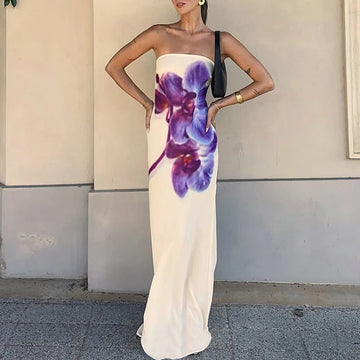 MQTIME  -  Summer New Floral Printed One-piece Robes Elegant Sleeveless Backless Slim Evening Dress Sexy Tube Top Floor-length Long Dress